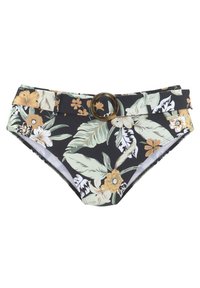 Bloemige bikini-bottoms met een zwarte achtergrond, kleurrijke tropische patronen en een brede tailleband met een ronde, schildpadschaal gespsluiting.