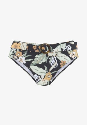 Blütenmuster-Bikiniunterteile mit schwarzem Hintergrund, bunten tropischen Mustern und einem breiten Bund mit einer runden, schildpattfarbenen Schnalle.