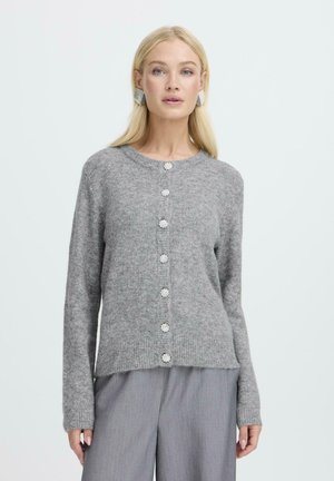 Grauer Wollcardigan mit rundem Ausschnitt, strukturiertem Stoff und dekorativen blumenförmigen Knöpfen auf der Vorderseite. Lockere Passform und lange Ärmel.