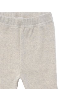 Light gray, ribbed leggings with an elastic waistband. Soft texture with a subtle speckled pattern throughout.