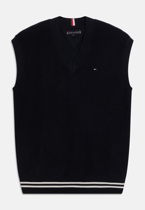 Czarny bezrękawnik w kształcie litery V z prążkowaną teksturą, z białą podwójną lamówką na dole i małym logo na klatce piersiowej.