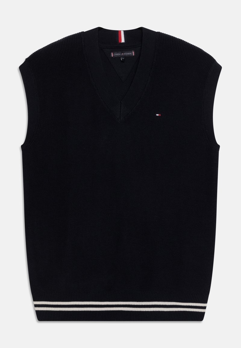 Pull sans manches noir en V avec texture côtelée, présentant une double rayure blanche à l'ourlet et un petit logo sur la poitrine.