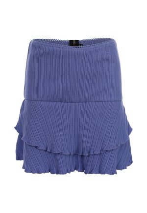 Blauwe geribbelde gebreide minirok met gelaagde ruches aan de zoom en een elastische tailleband.