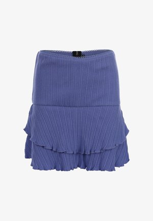 Blauwe geribbelde gebreide minirok met gelaagde ruches aan de zoom en een elastische tailleband.