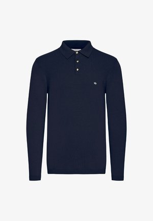 Jūros mėlynos spalvos ilgomis rankovėmis polo marškiniai, pagaminti iš trikotažo medžiagos, su trimis mygtukais, mažas logotipas kairiajame krūtinės šone.