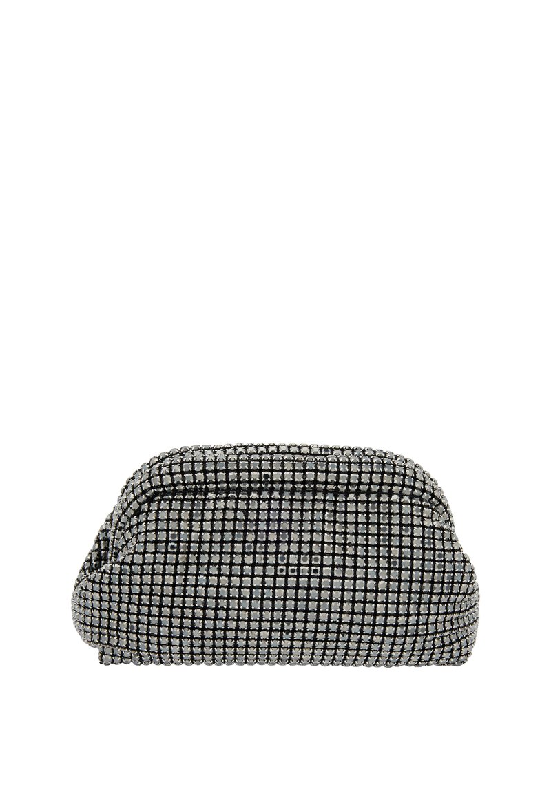 Svart och silver kuvertväska med ett rutmönster av glänsande rhinestones, rundad form och plisserad topp för enkel åtkomst.