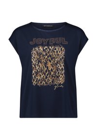 Navy blue T-shirt with short sleeves, featuring "JOYFUL" in gold studs and a textured rectangle pattern in gold and brown tones.