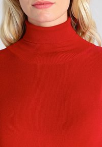 Roter gerippter Rollkragenpullover aus dehnbarem Material, mit hohem Kragen und glatter Textur. Keine sichtbaren Muster oder Beschläge.
