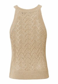 Beige stickad ärmlös topp med ett zigzag-mönster och ribbad krage och nederkant. Lätt och luftig textur, perfekt för varma väder.