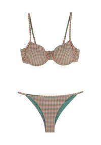 Ruudullinen bikinit, joissa on vihreä ja oranssi väriteema. Yläosa on muotoiltu ja varustettu säädettävillä hihnoilla, kun taas alaosa tarjoaa minimaalista peittoa.