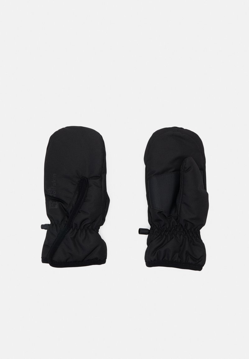 Moufles isolées noires avec une surface lisse, des poignets elastiques et une zone de prise renforcée. Présente un logo sur le côté et des fermetures ajustables.