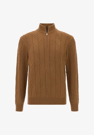 Hnědý pletený svetr s vysokým límcem a polovičním zipem, s texturovaným vzorem listů a ribovými manžetami a spodním lemem.
