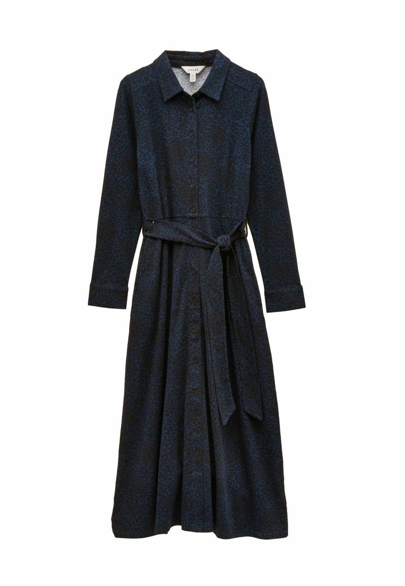 Dlhé rukávy, košeľové šaty tmavomodrej farby s jemným zvieracím vzorom, s obtiahnutým pásom zviazaným látkovým opaskom. Mäkkučký, ľahký materiál.