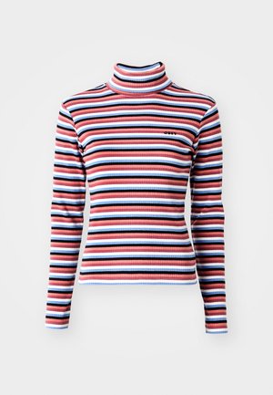 Ribbiga kõrge kaelusega särk, millel on horisontaalsed triibud roosas, sinises ja mustas. Ümber keha istuv disain pikkade varrukatega ja peene logoga detail.