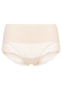 Beige hipster alushäälikud, millel on sujuv kangas ees ning dekoratiivne pitsäär jalgade avade ümber.