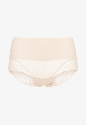 Culotte hipster en beige avec des accents de dentelle, présentant un devant en tissu lisse et une bordure en dentelle décorative le long des ouvertures des jambes.