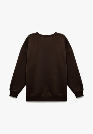 Brązowa bluza z luźnym krojem, okrągłym dekoltem oraz ściągaczami przy mankietach i u dołu. Wykonana z miękkiego materiału, nie posiada widocznych logo ani wzorów.