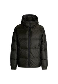 Padded jacket w ciemnozielonym kolorze, z pikowaną fakturą, wysokim kołnierzem ześciągaczem oraz zamek błyskawiczny na przodzie. Dodatki obejmują mankiety na zatrzask.
