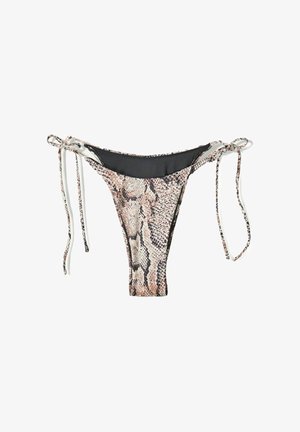 Bas de bikini imprimé serpent avec côtés à nouer ajustables, présentant un design sans couture et un mélange de tons beiges et bruns sur un tissu texturé.