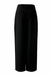 Zwarte culottes met een gestructureerd ontwerp, met een soepele textuur, hoge tailleband en twee achterzakken. De zoom ligt boven de enkel.