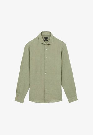 Svetlozelená ľanová košeľa s dlhým rukávom a zapínaním na gombíky, mäkkou textúrou a klasickým golierom. Obsahuje biele gombíky a uvoľnený strih.