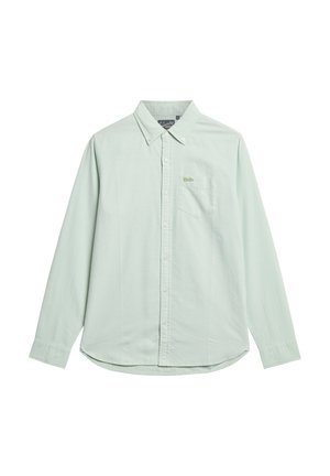 Jasnozielona koszula zapinana na guziki, z wyraźnym kołnierzykiem, długimi rękawami, pojedynczą kieszenią na piersi i subtelną teksturą. Logo marki na kieszeni.