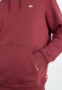 Haut à capuche bordeaux en mélange de coton, avec une poche avant, des poignets côtelés et un petit patch logo sur la poitrine. Texture lisse.