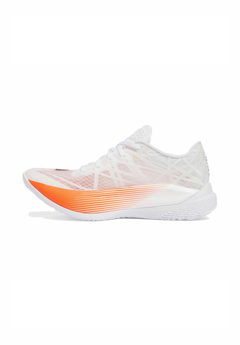 White athletic shoe with a breathable mesh upper, featuring an orange gradient sole and subtle textured accents, designed for performance.