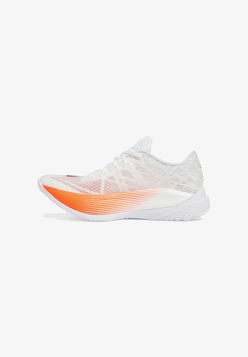 White athletic shoe with a breathable mesh upper, featuring an orange gradient sole and subtle textured accents, designed for performance.