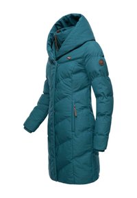 Teal puffer coat with a large hood, zippered front, snap buttons, diagonal quilting, and ribbed cuffs. Features a side pocket.