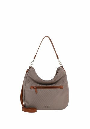 Taupe shoulder bag with brown leather strap and front zipper pocket, featuring a small metal brand logo below the pocket.