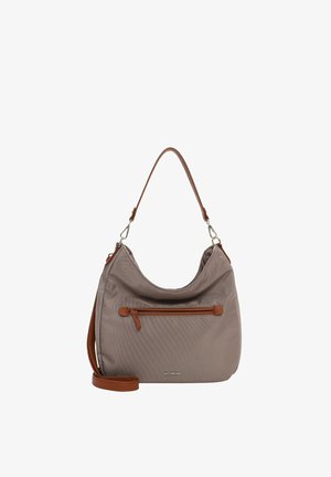 Sac à bandoulière taupe avec une sangle en cuir marron et une poche zippée à l'avant, arborant un petit logo de marque en métal sous la poche.