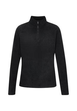 Sort fleece-trøje med lange ærmer, ståkrave og lynlås foran halvvejs ned.