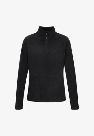 Sort fleece-trøje med lange ærmer, ståkrave og lynlås foran halvvejs ned.