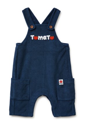 Peto para niño pequeño de color azul marino con tirantes ajustables con botones, bolsillos delanteros y texto "tomato" con iconos de tomate en el pecho.