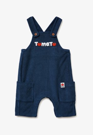 Tmavě modrý overal pro batolata s nastavitelnými ramínky na knoflíky, předními kapsami a nápisem „tomato“ s ikonami rajčat na hrudi.