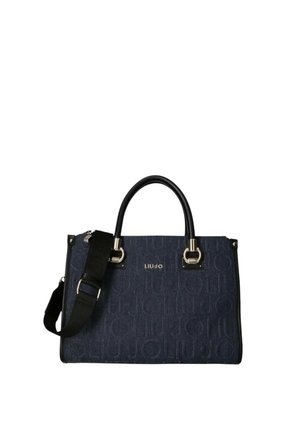 Sac tote Liu Jo bleu foncé avec motif de logo embossé, poignées noires et une bandoulière ajustable noire.