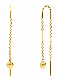 Gold-plated earrings featuring a chain design with a heart-shaped charm and a straight bar accent. Sleek texture with polished finish.