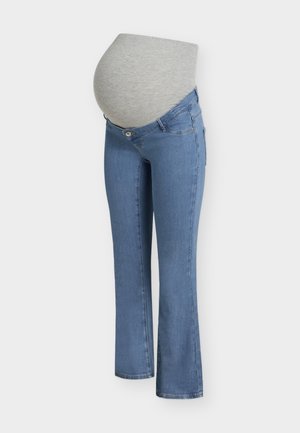 Kék kismama farmer szürke elasztikus panellel, amely a várandós has takarására és támogatására szolgál, fehér háttéren bemutatva.