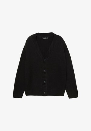 Cardigan tricotat negru cu decolteu în V, mâneci lungi și cinci butoane pe față. Bordură ribată la decolteu și tiv.