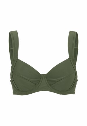 Olivgrüner BH mit Unterbrustbügel, breiten Trägern und subtilen Rüschendetails an den Cups. Hergestellt aus einem glatten, dehnbaren Stoff.