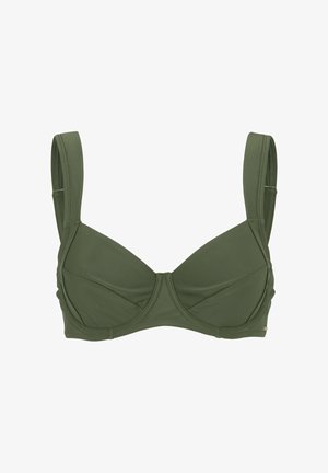 Olivgrønn bh med bøyler, brede stropper og subtile rynkedetaljer på kopper. Laget av et glatt, elastisk stoff.