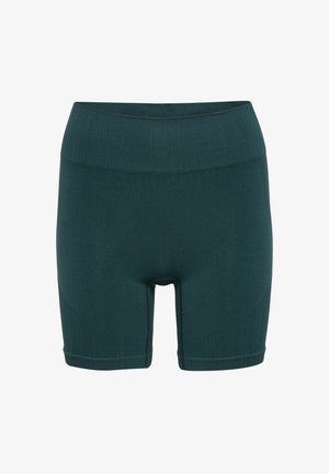 Shorts de sport côtelés en teal foncé avec une large ceinture et une texture lisse. Ils possèdent une longueur mi-thigh et des coutures plates pour le confort.