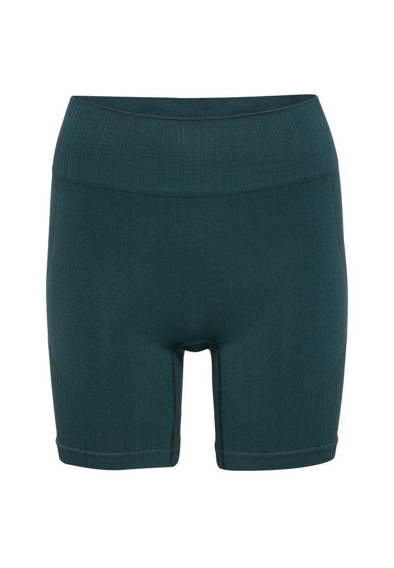 Shorts de sport côtelés en teal foncé avec une large ceinture et une texture lisse. Ils possèdent une longueur mi-thigh et des coutures plates pour le confort.