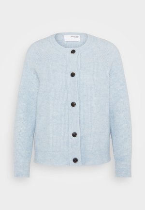 Light blue knitted cardigan with a round neckline, five dark buttons, ribbed texture, and long sleeves. No patterns or embellishments.