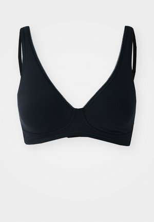 Czarny trójkątny stanik wykonany z miękkiej mieszanki bawełny, z regulowanymi ramiączkami i delikatnym wykończeniem na brzegach. Bez wypełnienia i fiszbin.