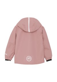 Rosa, vattentät jacka med huva, elastiska ärmslut och en vit logotyp på ryggen. Har ett kontrasterande vitt rand på huvan.