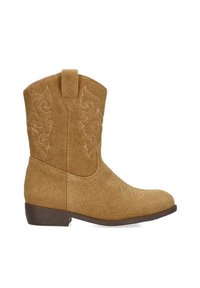 Botas de vaquero de ante marrón claro con intrincados bordados florales en color marrón claro, puntera redondeada y tacón bajo en bloque. Con una asa en la parte superior para facilitar su uso.