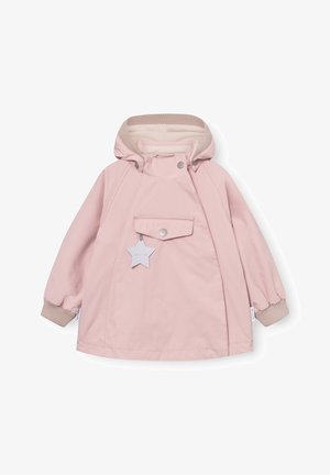 Giacca per bambini con cappuccio rosa chiaro, tasca frontale, chiusura con bottoni a pressione, polsini a coste e cerniera con tiralampo a forma di stella.