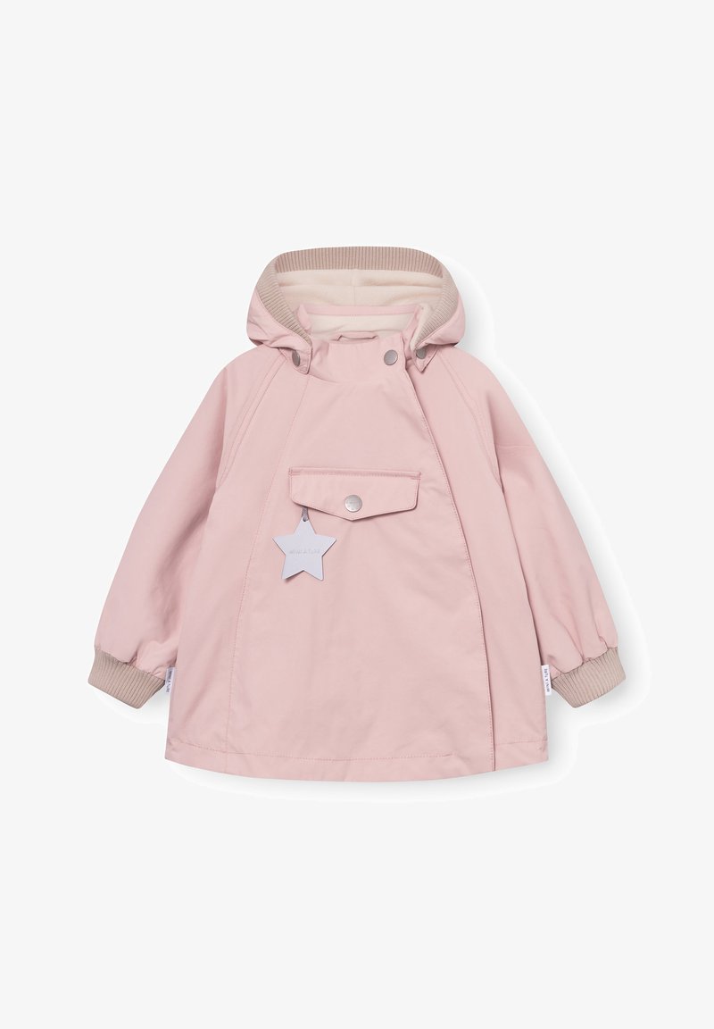 Otroški svetlo roza jopiči s kapuco, sprednjim žepom, zapiranjem na pritrdilne gumbe, rebrastimi manšetami in zadrgo z obeskom v obliki zvezde.